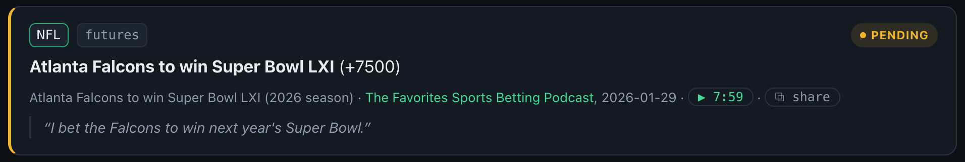 A pending pick card on the site: Atlanta Falcons to win Super Bowl LXI at +7500, tagged NFL futures, still marked pending, with the transcript quote and a link to the moment in the episode audio