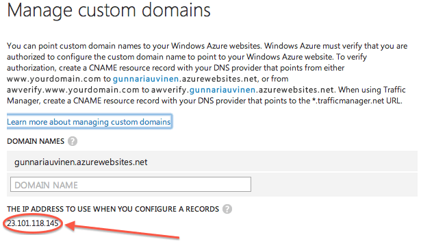 Obtain IP Address from Manage custom domains window