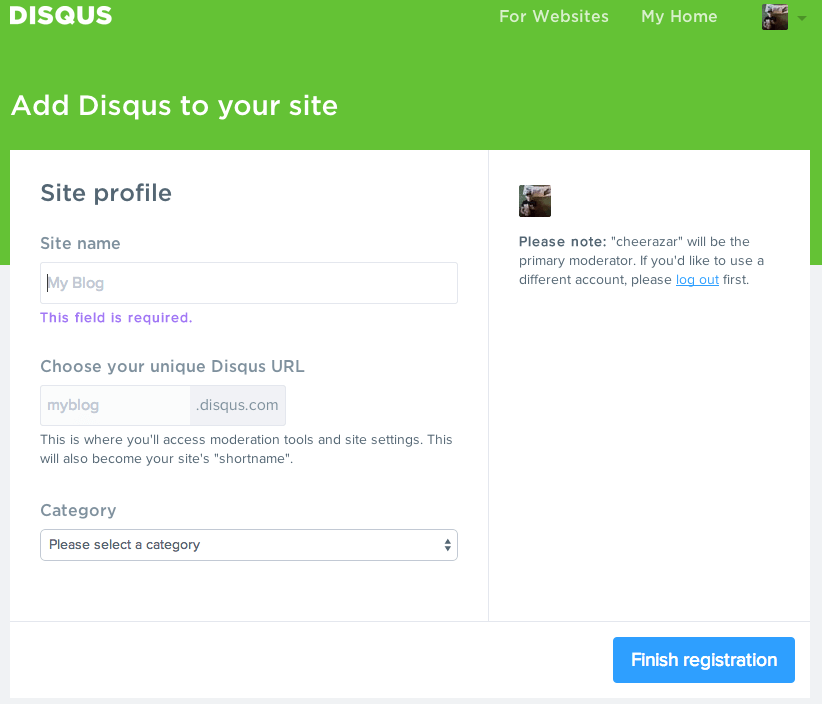 Add Disqus to your site form