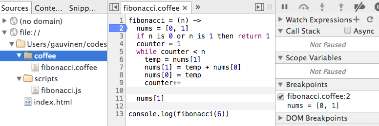 Debugging CoffeeScript in Chrome's Developer Console